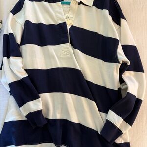 Aerie Navy and White Striped Polo Long Sleeve